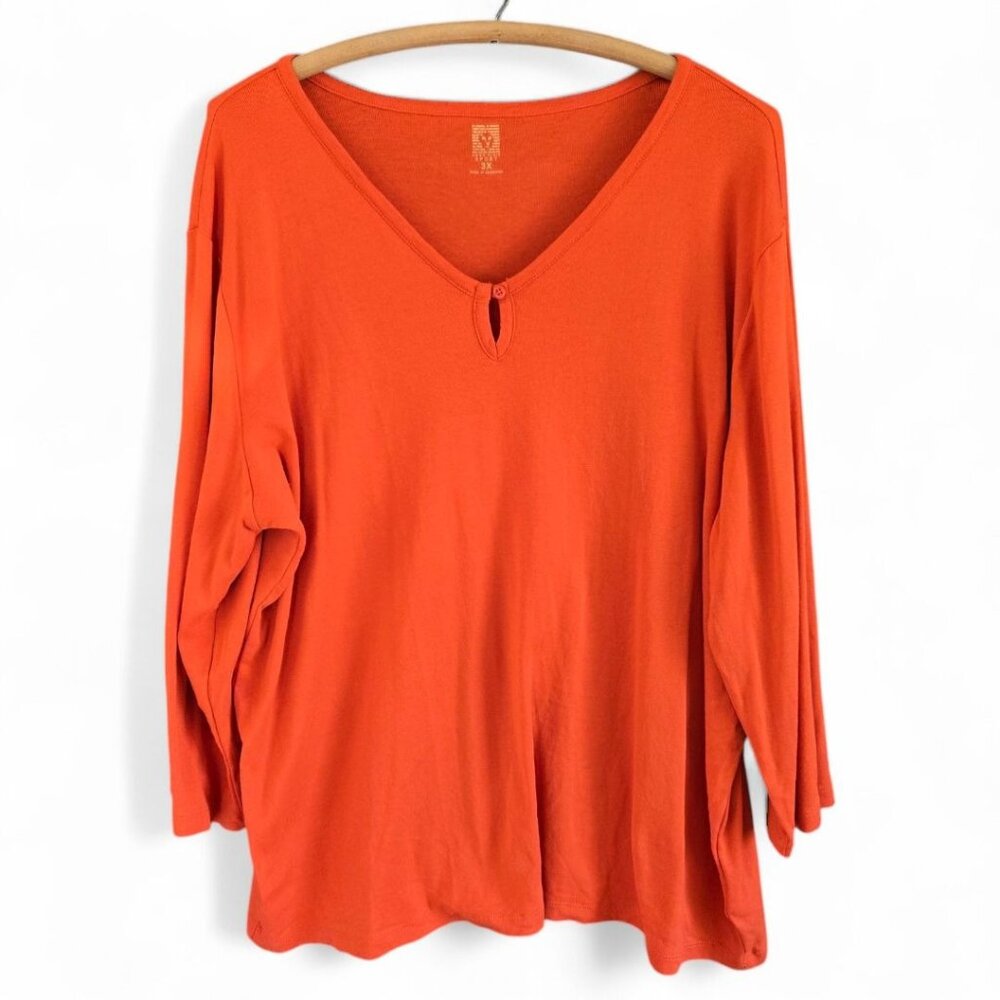 Anne Klein Sport 3X Womens Orange Cotton Long Sleeve Top Keyhole Neckline